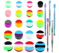 Yiyiring 20 pack Silicone Wax Containers (2ml, 3ml, 5ml, 7ml, 10ml) + 5-piece Stainless Steel Carving Tool Set - Travel Storage Jars for Wax, Oils, Creams, & Makeup - Portable, with Leak-proof Lids