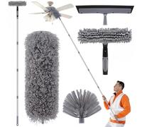 Yiyiring 30 Feet High Reach Duster Kit with 2-24 ft Extension Pole High Ceiling Dusting and Window Cleaning Kit with Window Washer & Squeegee, Cobweb Duster, Washable Head for Ceiling Fan (Gray)