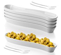 Yiyiring 4 Olive Boat Trays with 4 Stainless Steel Forks 12" Long Arc Shape Serving Dishes Ceramic Appetizer Trays Charcuterie Board Accessories for Olives Entertaining Dishwasher Microwave Safe