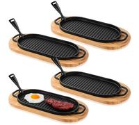 Yiyiring 4 Pcs Cast Iron Fajita Skillet Pan Set Sizzling Steak Plate with Wooden Base and Removable Handle Cast Iron Grill Frying Pan for Home Restaurant Kitchen Cooking (12 x 6.3 Inch)