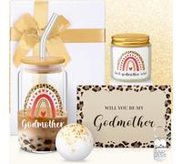 Yiyiring 6 Pcs Godmother Proposal Gift Will You Be My Godmother Gift Set with Glass Scented Candle Bath Bomb Keychain Card Box Set for God Mother Auntie from Godchild Baptism Christmas(Fashion Style)