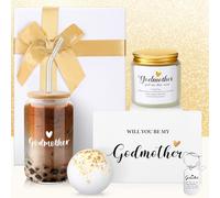 Yiyiring 6 Pcs Godmother Proposal Gift Will You Be My Godmother Gift Set with Glass Scented Candle Bath Bomb Keychain Card Box Set for God Mother Auntie from Godchild Baptism Christmas