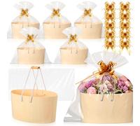 Yiyiring 6 Set Baskets for Gifts Empty Large Wooden Baskets Kit with Handle 10 Pcs Cellophane Wrap Bag 10 Pcs Pull Flower Ribbon 11.8 Inch Sturdy Packages for Wedding Birthday Wrapping Housewarming