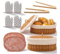 Yiyiring Bread Warmer Basket Set with Warming Stone - 2 Rattan Bread Baskets with Lids & Liners, 2 Terracotta Plates, 2 Bamboo Tongs, 4 Heat-resistant Oven Mitts, Baking Proofing Kit for Home Bakers