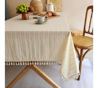 YIYOHON Embroidery Striped Boho Tablecloth Beige Vintage Tassel Table Cloth Wrinkle Resistant Washable Table Cloth for Kitchen Dining (Beige 140x200cm)