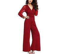 Yiyuan Womens Sparks Cuff Mesh Sleeves Wide Leg Tunic Romper Jumpsuit Wine Red