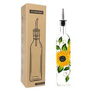 YIYUKODO 17oz Hand Painted Glass Olive Oil Bottle Dispenser - 500ml Green Oil & Vinegar Cruet with Pourers - Olive Oil Carafe Decanter for Kitchen (sunflower2)