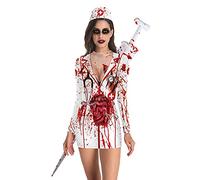 Yizc Halloween Zombie Nurse Dress,Women Long Sleeve Horror Nurse Uniform Killer Costume,Bloody Halloween Ghost Outfit-Funeral nurse L