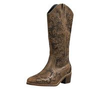YIzdegg Cowboy Boots Women's Leather Ankle Boots with Heel Winter Boots Elegant Embroidery Riding Boots Chelsea Lined Wide Shaft Boots Pointed High Autumn Boots Retro Winter Boots, khaki, 9 UK