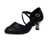 YIzdegg Dance Shoes Women's Elegant Dance Heels Women's with Cross Strap Buckle Dance Shoes Sequins Shoes Sandals with Heel Social Wide Sandals for Weddings and Parties, black, 38 EU