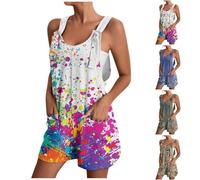 YIzdegg Dungarees Women's Short Colourful: Jumpsuit Patterned Casual Sleeveless Overalls Shorts Dungarees Adjustable Straps Romper with Pockets Playsuits Soft One-Piece Shorts Wide Leg Playsuit