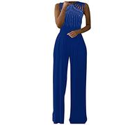 YIzdegg Elegant Jumpsuit for Women for Wedding Playsuits Long Wide Leg Pants High Waist Elegant One-Piece Business Party Wide Leg Jumpsuit Bodysuit Bib Overall with Pockets, blue, L