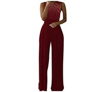 YIzdegg Elegant Jumpsuit for Women for Wedding Playsuits Long Wide Leg Pants High Waist Elegant One-Piece Business Party Wide Leg Jumpsuit Bodysuit with Pockets, Wine Red, L
