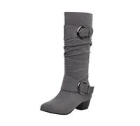 YIzdegg Knee-High Boots Women's Dress Boots with Buckle Block Heel Riding Boots High Knee Slip Boots Lace Toe Retro Western Boots Renaissance Women's Boots Transition Boots, gray, 9 UK