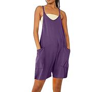 YIzdegg Sleeveless Short Dungarees Women's Summer Overalls Shorts with Pockets Soft and Breathable Jumpsuit Wide Leg Straps Rompers Solid Leisure Bodysuit Loose Fit Backless Rompers, purple, 3XL