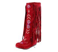 YIzdegg Style Women Heels Fringe Flock Chinese Boots High Long Flat Tassel Nation Fashion Knee Women's Boots Equipment, red, 7 UK