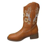 YIzdegg Wide Fit Cowboy Boots for Women - Western Boots Women's Leather Beautiful Embroidered Stitching Chelsea Boots Classic Vintage Winter Boots Plus Size Low Heel Shoes, khaki, 4 UK