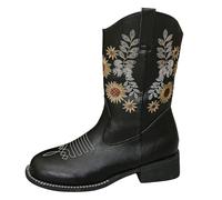 YIzdegg Wide Fit Cowboy Boots for Women - Western Boots Women's Leather Beautiful Embroidered Stitching Chelsea Boots Classic Vintage Winter Boots Plus Size Low Heel Shoes, black, 7 UK