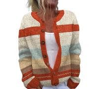 YIzdegg Women's Cardigan, Colourful Striped, Wool Blend, Soft Women's Cardigan, Classic with Buttons, Winter Cardigan, Chunky Knit Jumper, Long Sleeves, Plush Casual Jumper Sweater E, orange, L