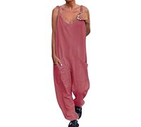 YIzdegg Women's Jumpsuits Baggy Wide Leg Strap Dungarees with Large Pockets Playsuits Soft and Breathable Romper V Neck Sleeveless One-Piece Classic Elegant Strap Dungarees, Red (watermelon red), S