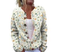 YIzdegg Women's Open Front Knitted Cardigan with Floral Embroidery Long Sleeve Knitted Coat V-Neck Button Down Knitwear Classic Knitted Jacket Sweater Knitted Cardigan Christmas Jumper E, beige, M