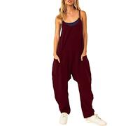 YIzdegg Women's Summer Loose Dungarees Work Trousers Linen Oversize V-Neck Jumpsuit Sleeveless Jumpsuit Baggy Elegant Playsuit Lightweight and Breathable Romper Dungarees with Large Pockets, Wine Red