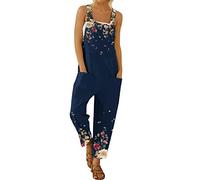 YIzdegg Women's Summer Work Dungarees with Pockets Colourful Floral Pattern Print Spaghetti Straps Summer Overall Dungarees Sleeveless Baggy Jeans Overall Comfortable Stretch Breathable Trouser Suit