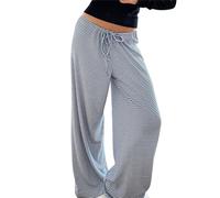 YIzdegg Women's Wide Leg Striped Casual Drawstring Elastic Low Waist Pyjama Bottoms Wide Cord Pants Women, blue, S