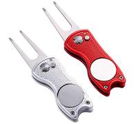 Yizerel 2 Pack Metal Foldable Golf Divot Tool with Pop-up Button & Magnetic Ball Marker (Pack of 2, Fish Design)