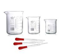 Yizerel Glass Beakers, Pack of 6 Low Form Glass Measuring & Droppers Set, 3 Graduated Griffin Beakers in 3 Sizes with Scales, 250ml, 100ml, 50ml, 3 Droppers Without Scales (3ml per Drop)