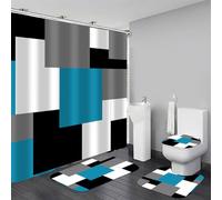 Yizheer Geometric Blue Shower Curtain Sets with Non-Slip Rugs,Toilet Lid Cover and Bath Mat, Black and Gray Bathroom Decor Set Accessories Waterproof Shower Curtains