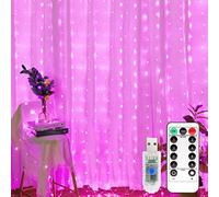 Yizhet Curtain Lights 3m x 3m, Curtain Fairy Lights 300 Led Pink, 8 Modes, Waterproof, USB Powered with Remote Control & Timer for Bedroom, Wedding, Party