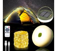 Yizhet Solar String Lights for Camping, Roll-Up Camping Light | 10M 100 LED Warm White, 8 Modes, with Remote and Hook, USB Rechargeable, IPX4 Waterproof for Camping Tent Garden