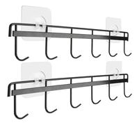YiZhi Adhesive Wall Hooks Rack Kitchen Rail, Space Saving Utensil Holder No Drilling Wall Mounted Accessory Hanger with 6 Hooks for Kitchen Bathroom Bedroom Pack of 2 (Black)