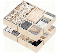 YiZhou 12-Pack Drawer Organiser Set, Foldable Fabric Drawer Dividers & Storage Bins for Clothes, Underwear, Socks & Baby Items | 3-Sizes | Wardrobe & Closet Organizer (Beige)
