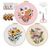 YiZhou Embroidery Kit for Beginners 3 Pack, Cross Stitch Kits with 3 Floral Patterns, Hoop, Thread & Tools, Needlepoint Kits for Adults, Handmade Craft Set for Women & Teens (Handheld Bouquet)