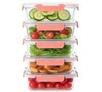 YiZhou Glass Food Containers with Lids, Reusable Meal Prep Containers, 5-Pack (36 OZ/1040 ML) Airtight Leakproof Lunch Boxes, Freezer & Oven Safe (to 400°C), Snap Lock & Dishwasher Friendly (Pink)