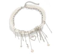 YIZITU Handmade Moon And Star Tassels Necklace For Women Multilayer Imitation Pearls Neckchain Stylish Ladies Neck Accessory Handmade Pendant Necklace