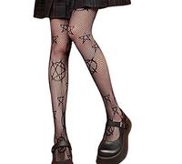 YIZITU Women Girls Gothic Punk High Waist Tights Harajuku Anime Magical Five-Pointed Star Jacquard Patterned Lolita Kawaii Mesh Fishnet Pantyhose Stockings