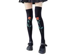 YIZITU Women Lolita Student Over Knee Long Socks Harajuku Gothic Punk Hot Stamping Rose for Cross Pattern Anime Cosplay Thigh High Stockings Hosiery