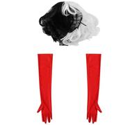 YiZYiF Black and White Wig for Cruella Deville Cosplay Halloween Short Curly Wavy Bob Wig with Red Gloves, One Size