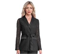 YiZYiF Elegant Floral Lace Blazer for Women - Long Sleeve Lapel Collar Belted Jacket Black L