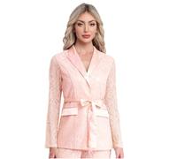 YiZYiF Elegant Floral Lace Blazer for Women - Long Sleeve Lapel Collar Belted Jacket Pink XL