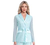 YiZYiF Elegant Floral Lace Blazer for Women - Long Sleeve Lapel Collar Belted Jacket Sky Blue XL