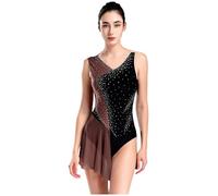 YiZYiF Figure Skating Dress for Women Color Block Modern Ice Roller Skating Dance Dress Sleeveless Gymnastic Leotard Dress Dusty Pink S