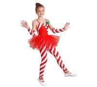 YiZYiF Girl's Christmas Candy Cane Striped Mesh Tutu Unitard Dance Costume Camisole Jumpsuit with Arm Sleeves Set Red 7-8 Years