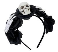 YiZYiF Gothic Day of the Dead Floral Headpiece Complete Set with Skull Headband and Decorative Cuffs for Costume Parties Type A Black One Size