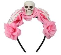 YiZYiF Gothic Day of the Dead Floral Headpiece Complete Set with Skull Headband and Decorative Cuffs for Costume Parties Type A Pink One Size