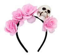 YiZYiF Gothic Day of the Dead Floral Headpiece Complete Set with Skull Headband and Decorative Cuffs for Costume Parties Type F Pink One Size