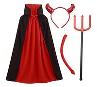 YiZYiF Halloween Kids Devil Costume Accessories Devil Horns Hair Band with Reversible Cape Cloak Demon Trident Red Tail Satan Cosplay Carnival Dress Up 3Pcs One Size